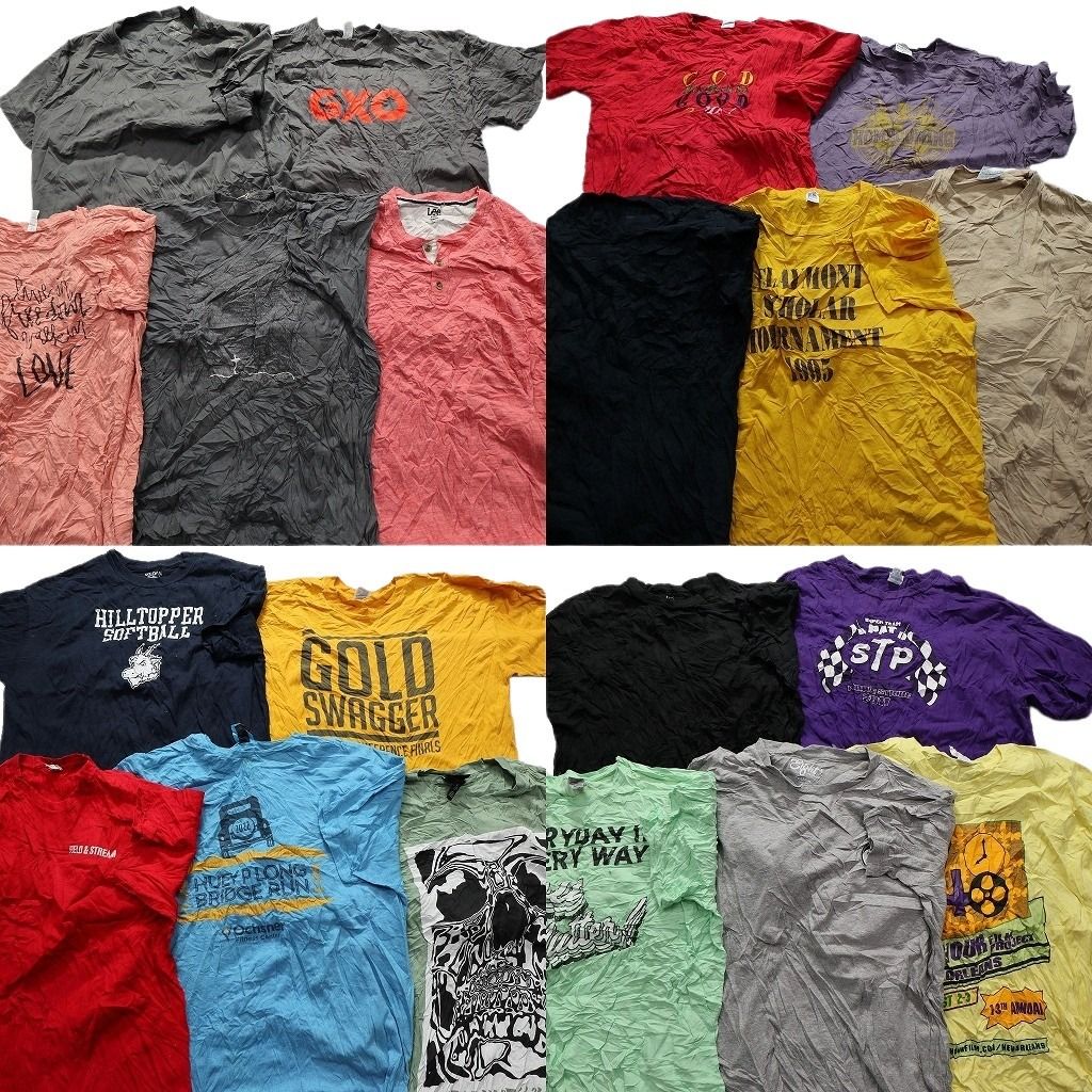 古着卸 まとめ売り カラーmix プリント 半袖Tシャツ 20枚セット (メンズ XL ) ヘンリーネック スカル 大判プリント 中古 古着 MY5174