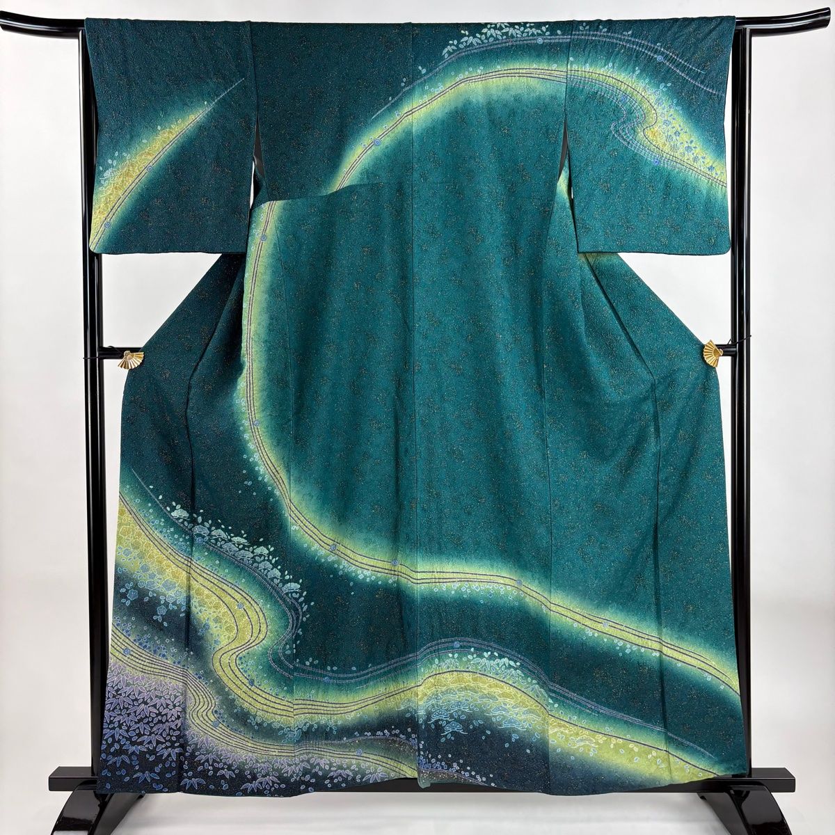 訪問着 身丈159cm 裄丈64.5cm M 袷 松竹梅 流水 金通し 絞り 緑 正絹