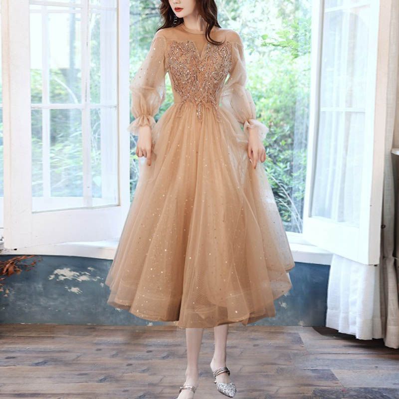 【新品未使用】2025新作 パーティードレス 結婚式 服装 ドレス ワンピース 20代 10代 30代 4代フォーマルドレス お呼ばれ シャンパンカラー 長袖 ミドル丈 フレアスカート 二次会 披露宴 謝恩会