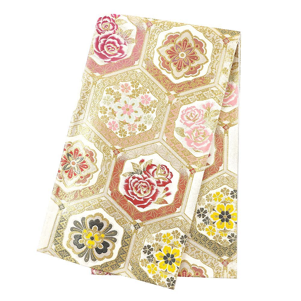 中古】 袋帯 振袖用 リサイクル 正絹 黄色 オフホワイト 薔薇 バラ 花