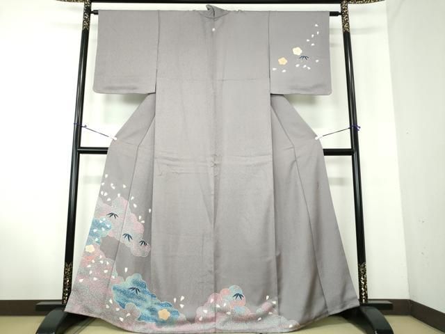 【高級訪問着】作家物❣️ 立波更紗花唐草文　 暈し染め　金銀彩　逸品✨ No.63 振袖レンタル・蝋色 黒系 暈し染め 駒刺繍 金彩 垂枝れ桜 扇