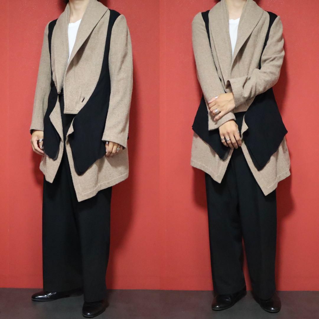 【モード】Yohji Yamamoto 05AW シルク切替 デザイン コート モード】Yohji Yamamoto 05AW シルク切替 デザイン コート