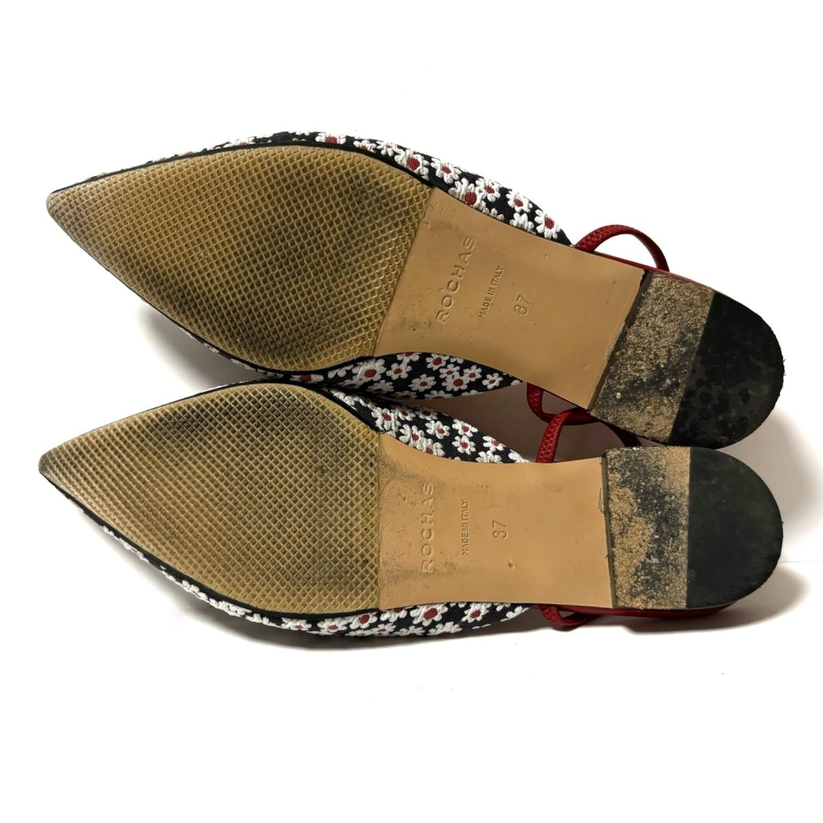 ROCHAS(ロシャス) サンダル 37 レディース - 黒×白×レッド 花柄 