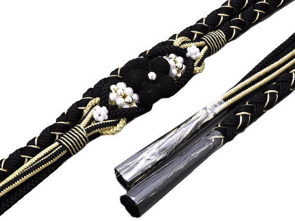 着物美人 送料込み 帯締め パーツ付き くすみ 振袖帯締め 成人式帯締め 着物帯締め 組紐 紐 帯締めくすみ 帯締め黒 帯締め金 振袖 着物 成人式 結婚式披露宴 パーティー 振袖用 振袖小物 着付け小物 黒 金 パール つまみ細工 m351404E