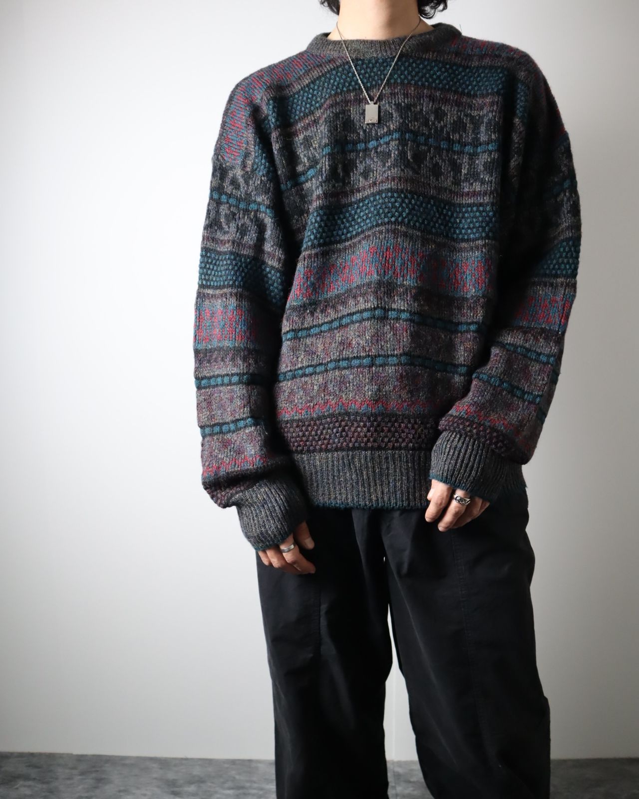 arieニット✿【vintage】オルテガ調 総柄 デザイン ウール混 ニット セーター 英国製