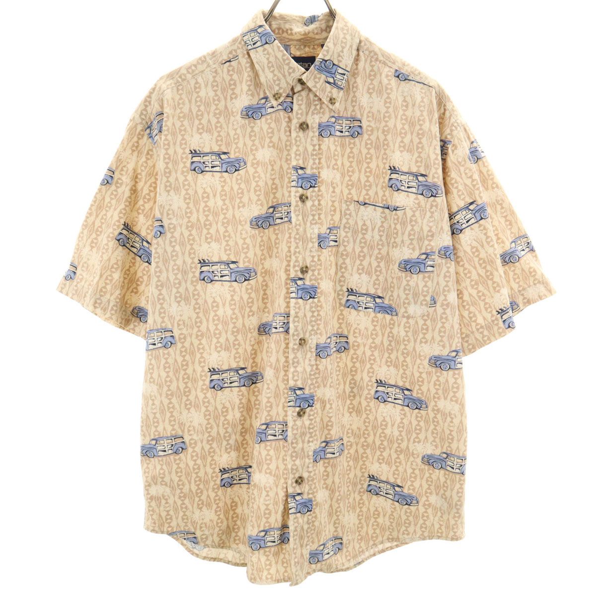 puritan ピューリタン 90s オールド 総柄 半袖 ボタンダウンシャツ M ベージュ メンズ 古着