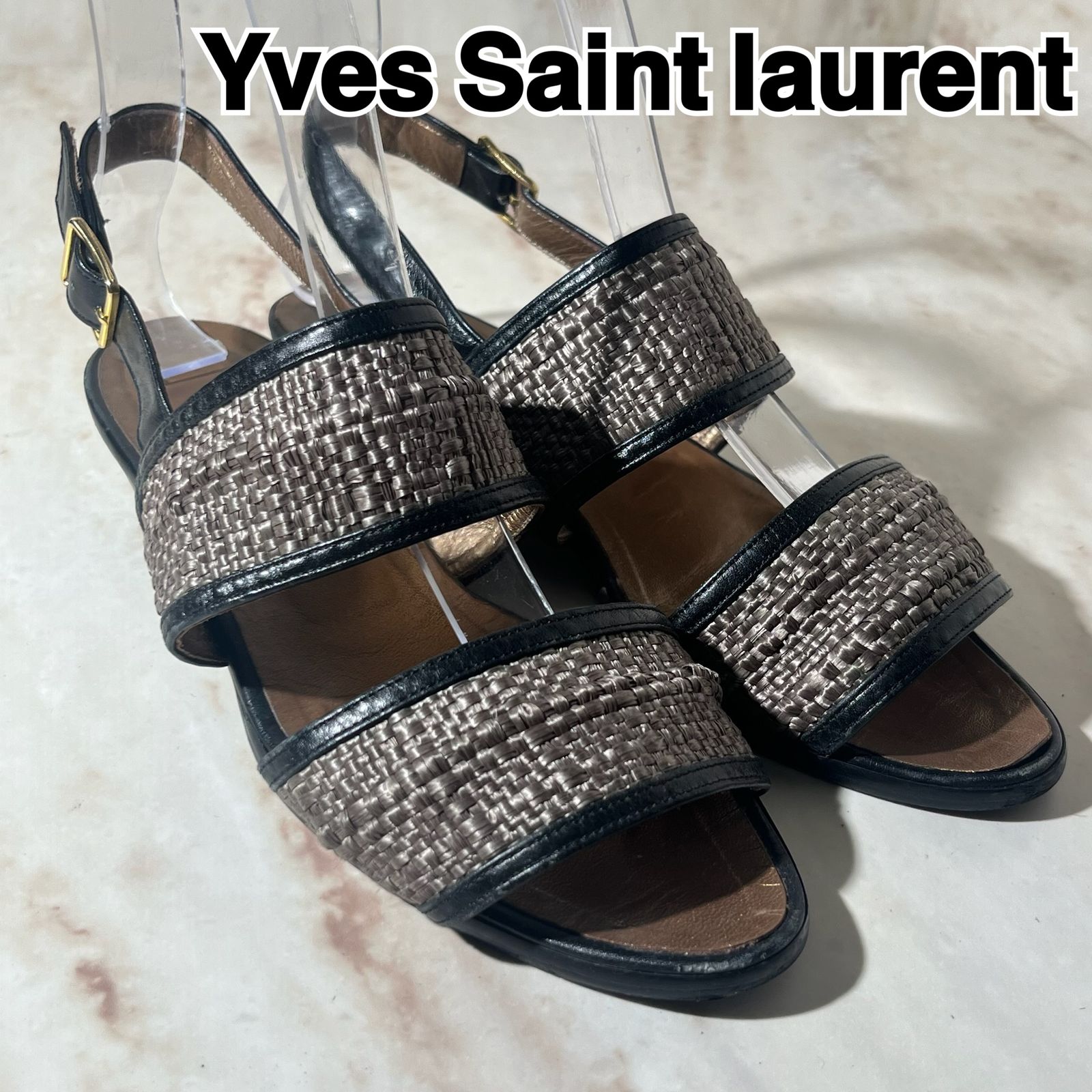 高級』Yves Saint laurent イヴ・サンローラン サンダル 藁 ブラック