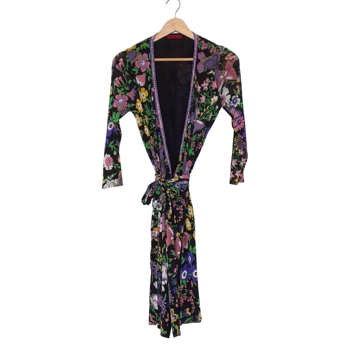 VIVIENNE TAM ヴィヴィアンタム ワンピース サイズ40 M レディース - 黒×ピンク×マルチ 長袖|ロング|花柄|カシュクール