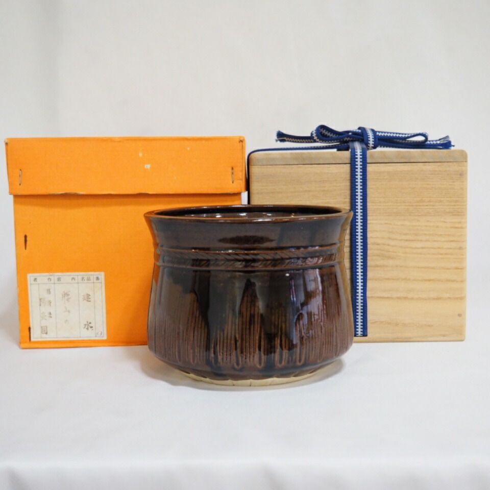 茶道具　遠州七窯　膳所焼陽炎園　岩崎新定作　膳所肩衝茶入　美品！！！！ 膳所焼 耳付茶入 陽炎園 岩崎新定（作）象牙蓋 仕覆 共箱 | 古