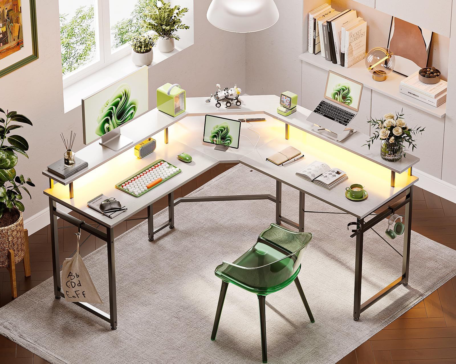 在庫 L字 パソコンデスク ゲーミングデスク l字デスク デスク 机 幅129 コンセント付き pcデスク エル字デスク ODK 収納 コーナーデスク オフィスデスク 仕事用 在宅勤務 組立簡単 ホワイト