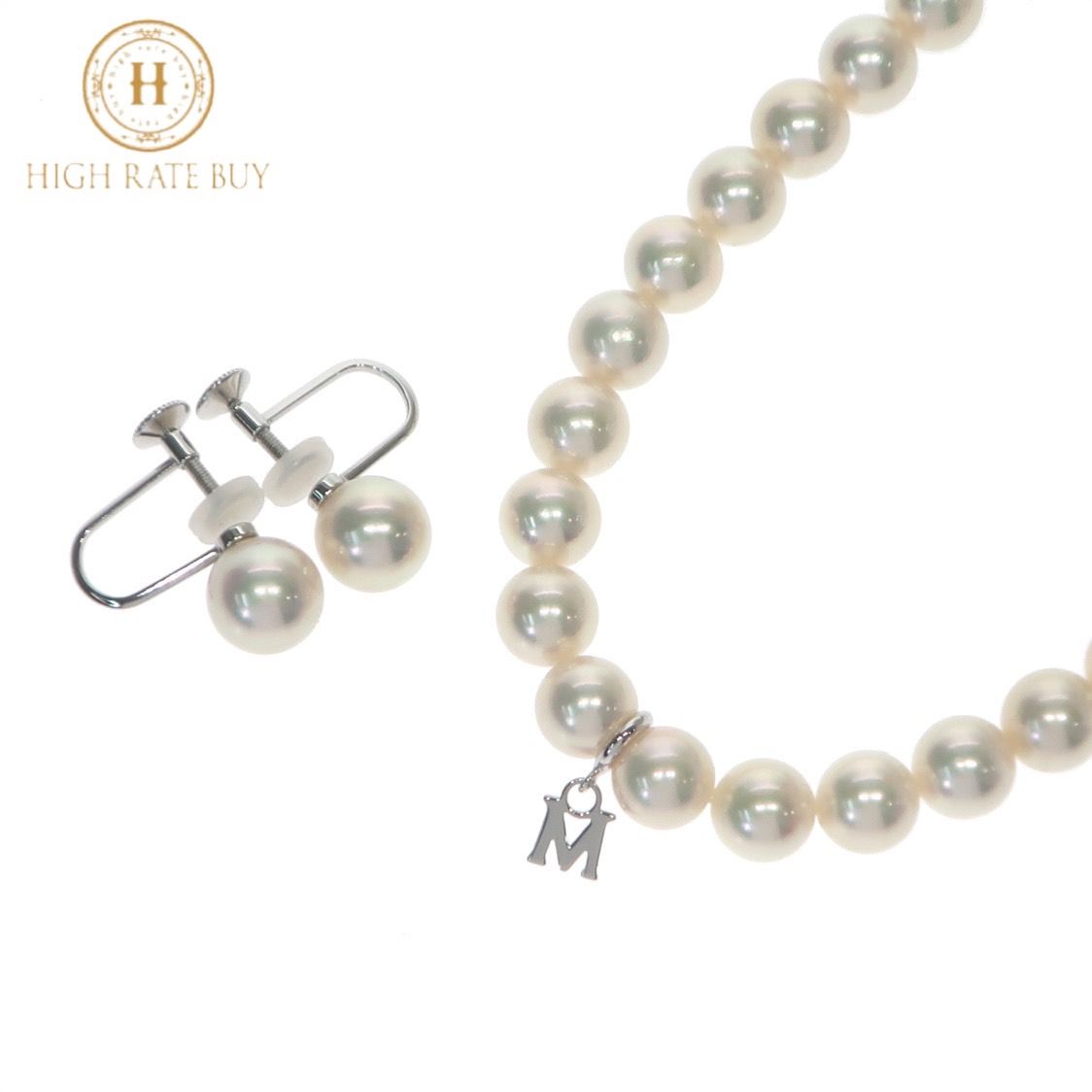 【新品同様】MIKIMOTO ミキモト パールネックレス Mチャーム イヤリング セット K18WG 750 18金 ホワイトゴールド SILVER  シルバー M刻印 アコヤ真珠 あこや真珠 レディース アクセサリー ジュエリー