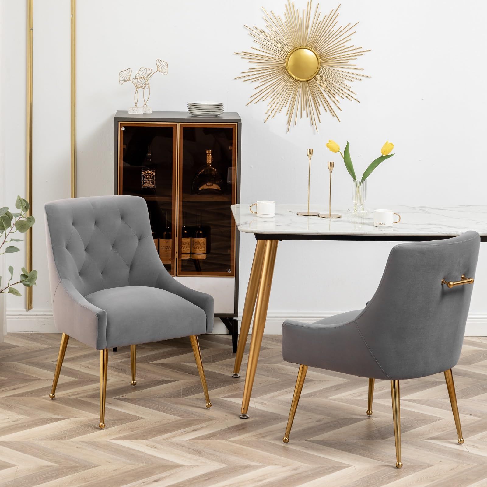 グレー リビングルーム ダイニングルーム キッチン用 モダンアクセントチェア ダイニングルームチェア ミッドセンチュリー バニティチェア 2個セット ゴールドレッグサイドチェア ベルベット ダイニングチェア