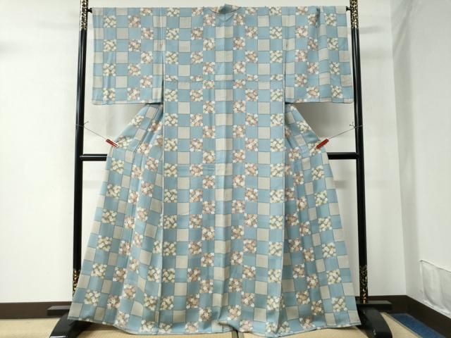 平和屋着物●上質な小紋 市松鹿の子草花文 正絹 CAAW8598yc