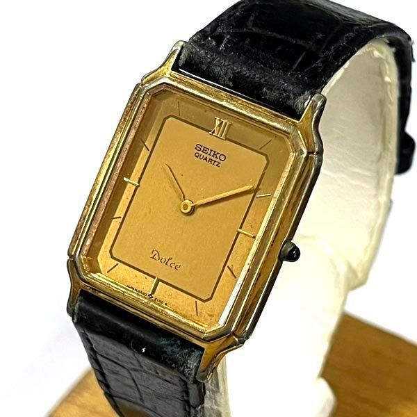 TS SEIKO|セイコー メンズ腕時計ドルチェ クオーツ 9520-5140 スクエア ゴールド ベルト社外品 動作 済み