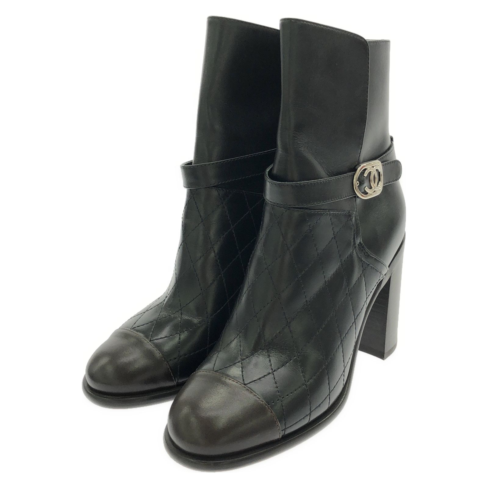 シャネル CHANEL ブーツ ショートブーツ ブラックxブラウン レザー ショートブーツ レディース Used A