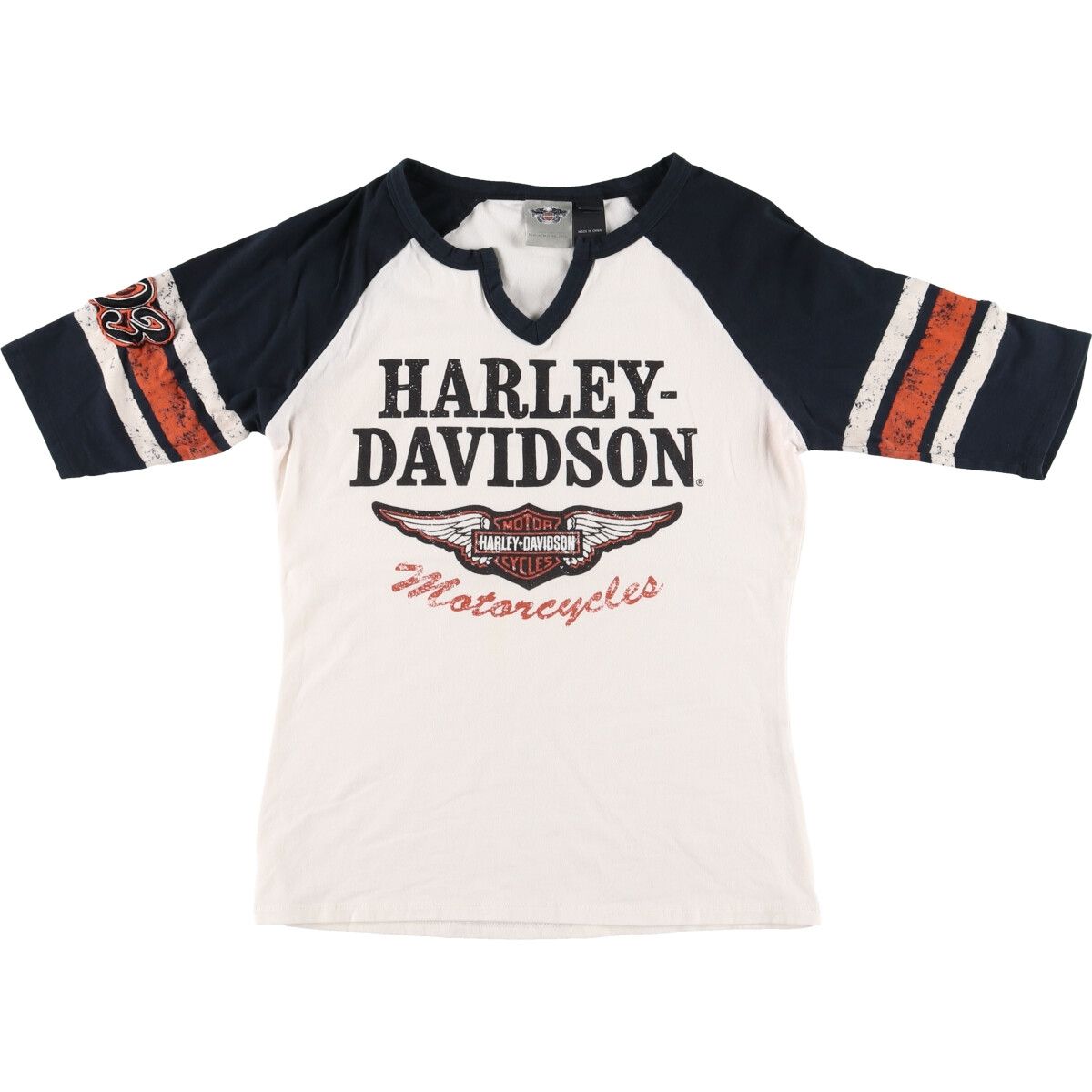 古着 ハーレーダビッドソン Harley-Davidson 五分袖 ラグラン モーターサイクル バイクTシャツ レディースM/eaa371873