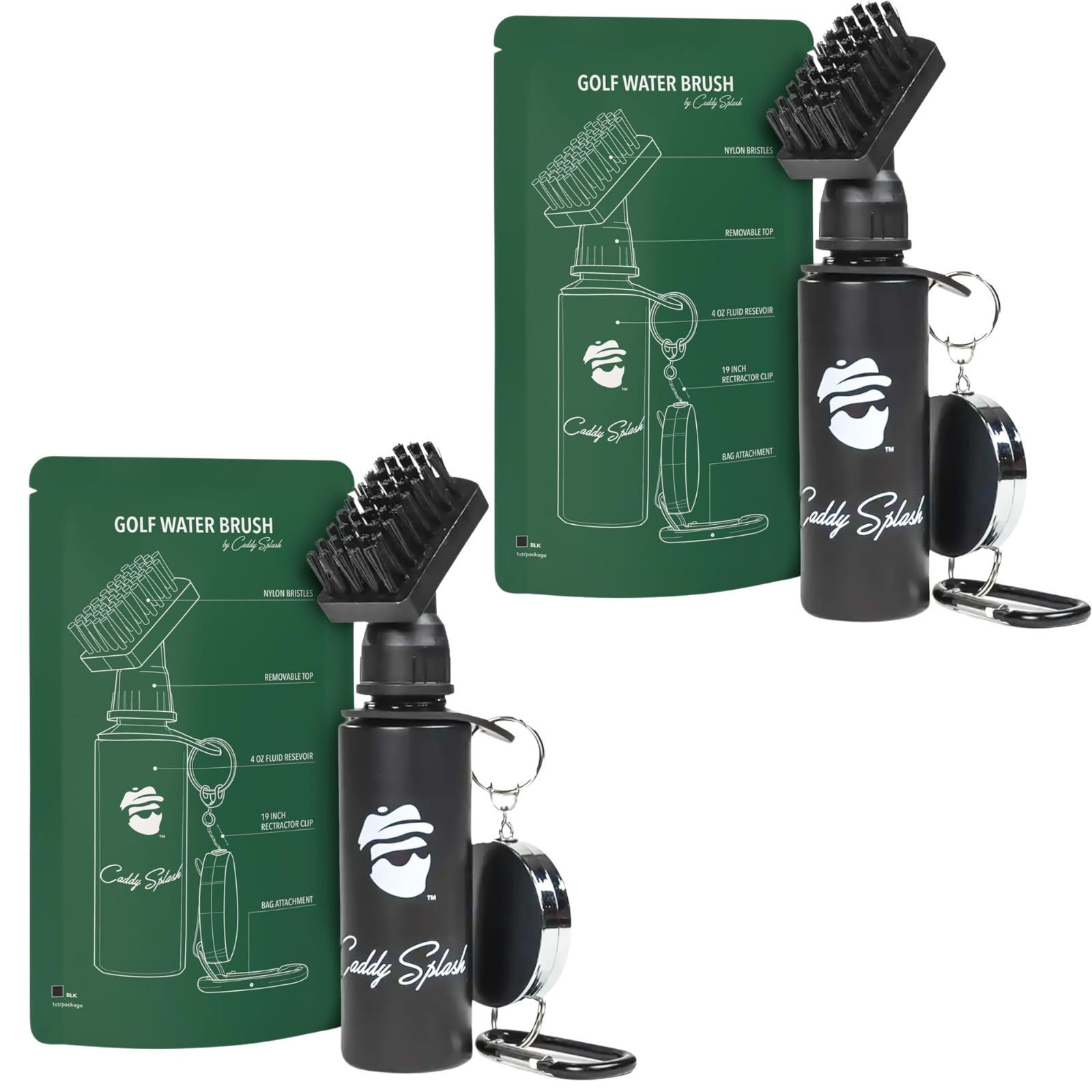 Caddy Splash ゴルフウォーターブラシ 2本セット ゴルフクラブ 掃除 クリーナー 水漏れ防止 リトラクター カラビナ付