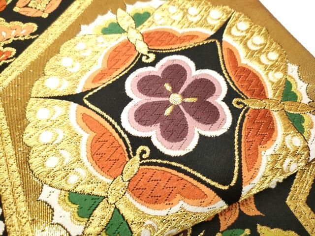 平和屋着物●六通柄袋帯　唐織　亀甲華文　黒地　金糸　正絹　逸品　CAAY2418hy 平和屋着物○六通柄袋帯 唐織 亀甲華文 黒地 金糸 正絹 逸品