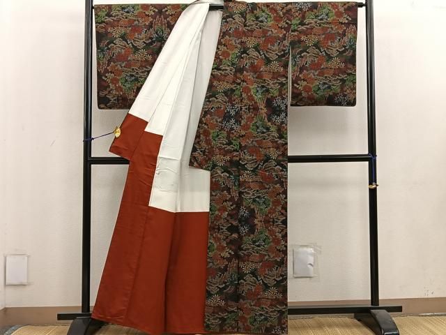 平和屋着物▽上質な色無地 単衣 風景地紋 薄柿色 正絹 逸品