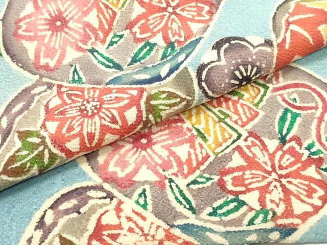 平和屋着物□九寸名古屋帯 作家物 紬地 型染め 菊 藍