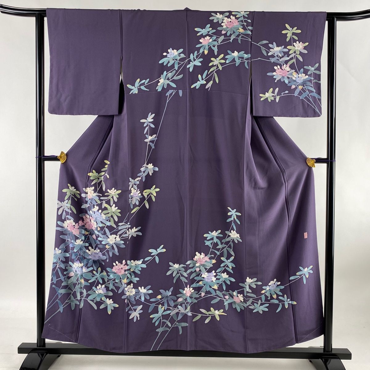 訪問着 美品 秀品 落款 阿部佳雪 枝花 紫 袷 身丈155cm 裄丈62.5cm S