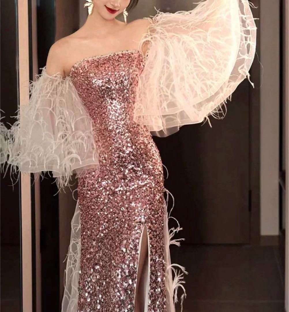 ショール付き スパンコールのベア イブニングドレス♩.• ショール付き スパンコールのベア イブニングドレス?.? - メルカリ