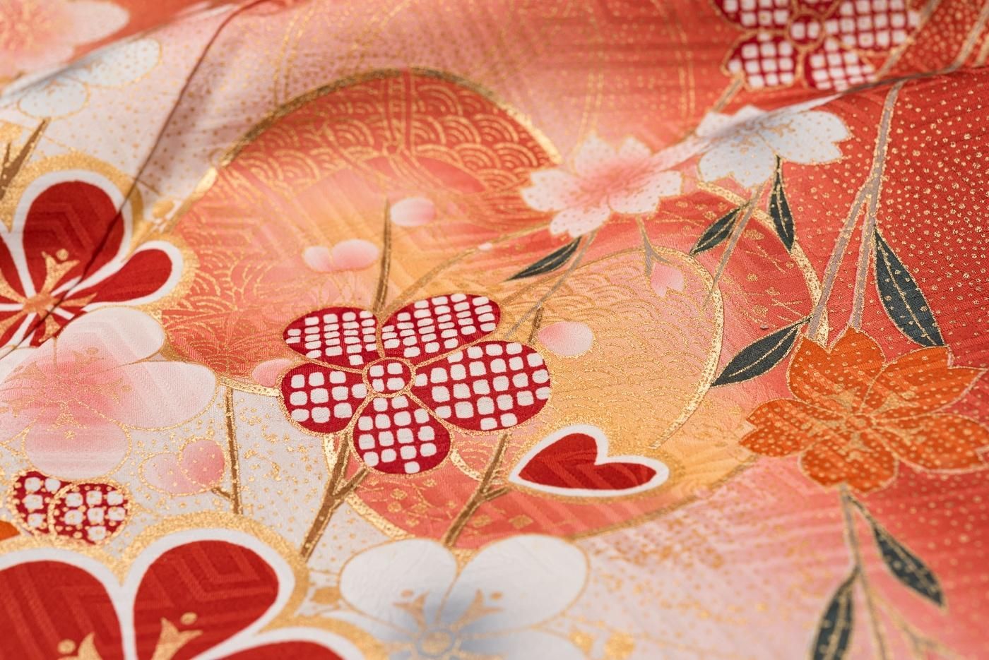 振袖 枝垂れ桜と金の鼓D774 振袖 枝垂れ桜 鼓み 金駒刺繍 正絹 着物 袷 