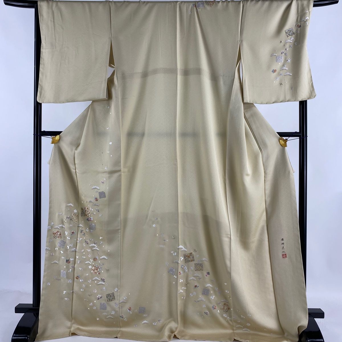 訪問着 身丈176cm 裄丈70cm L 袷 優梛達也 落款 松竹梅 源氏香 刺繍 金糸 薄黄 正絹 美品 逸品 【中古】