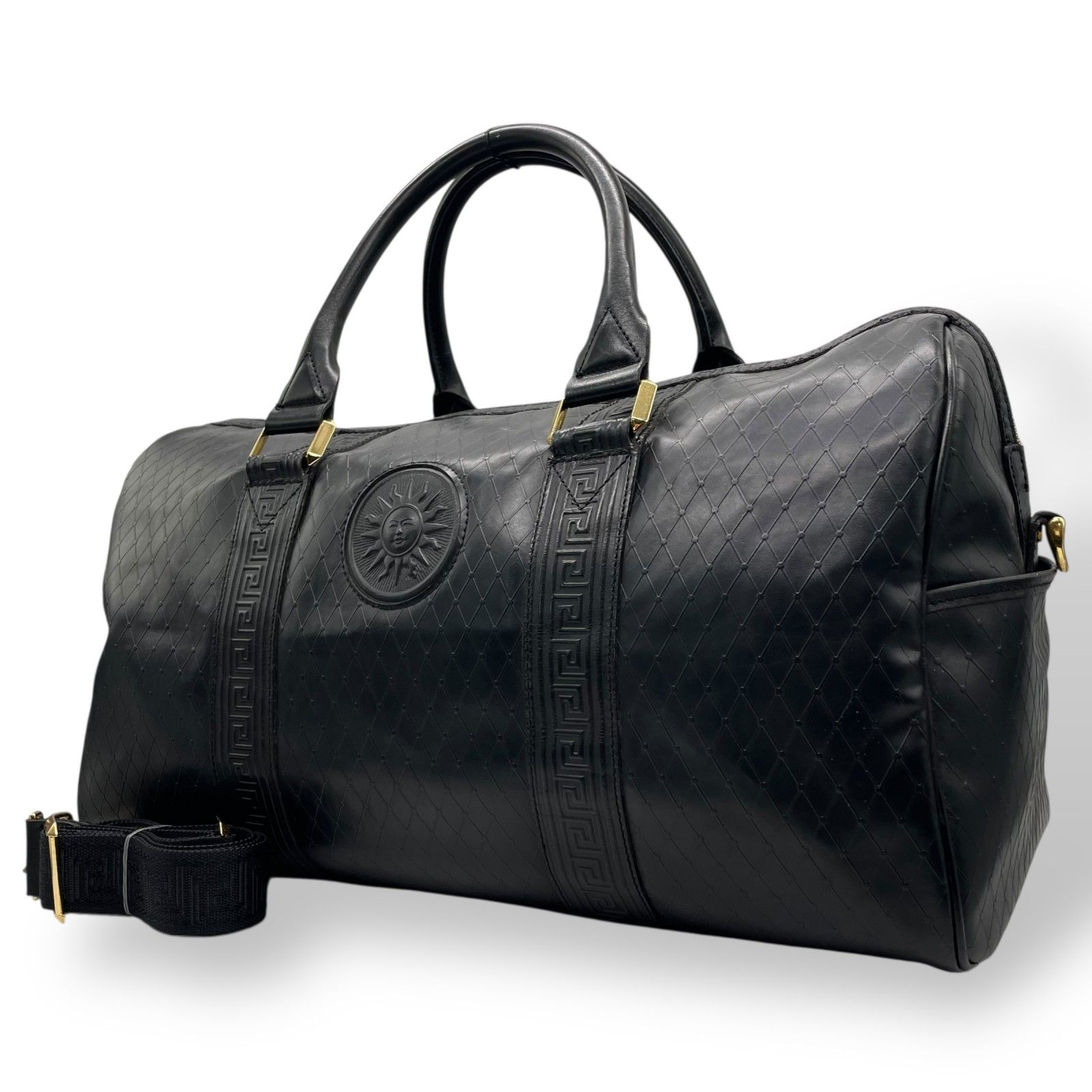 GIANNI VERSACE ジャンニヴェルサーチ ボストンバッグ 2way ショルダーバッグ ブラック レザー サンバースト グレカ ユニセックス トラベルバッグ 旅行鞄 ゴールド金具 感 C