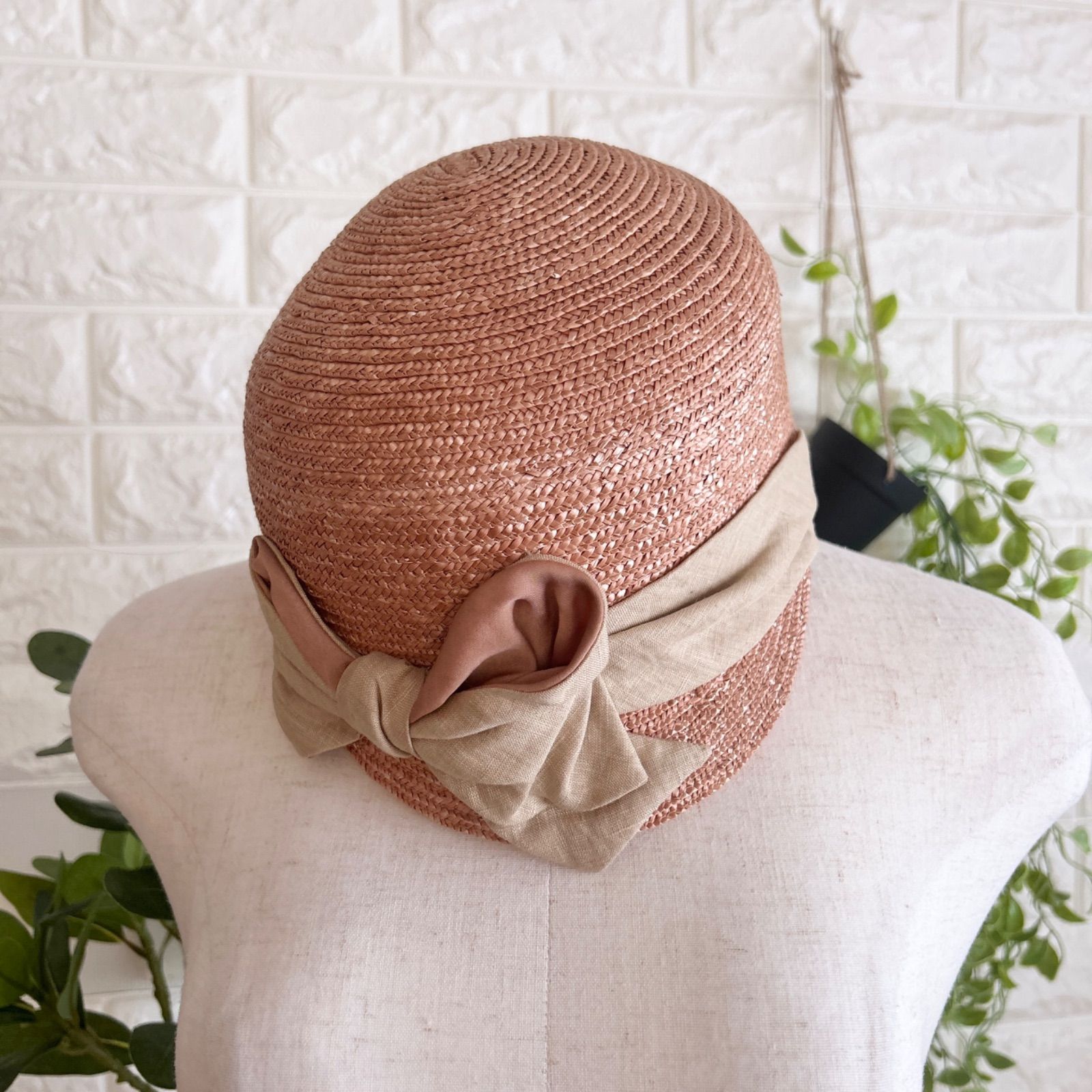 【美品】CA4LA カシラ＊リボンデザインハット＊ストローハット＊ベージュ CA4LA（カシラ）ストローハット ベージュ サイズ:M レディース