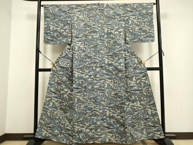 平和屋着物▽本藍 型絵染 小紋 単衣 松竹梅 風景文 正絹