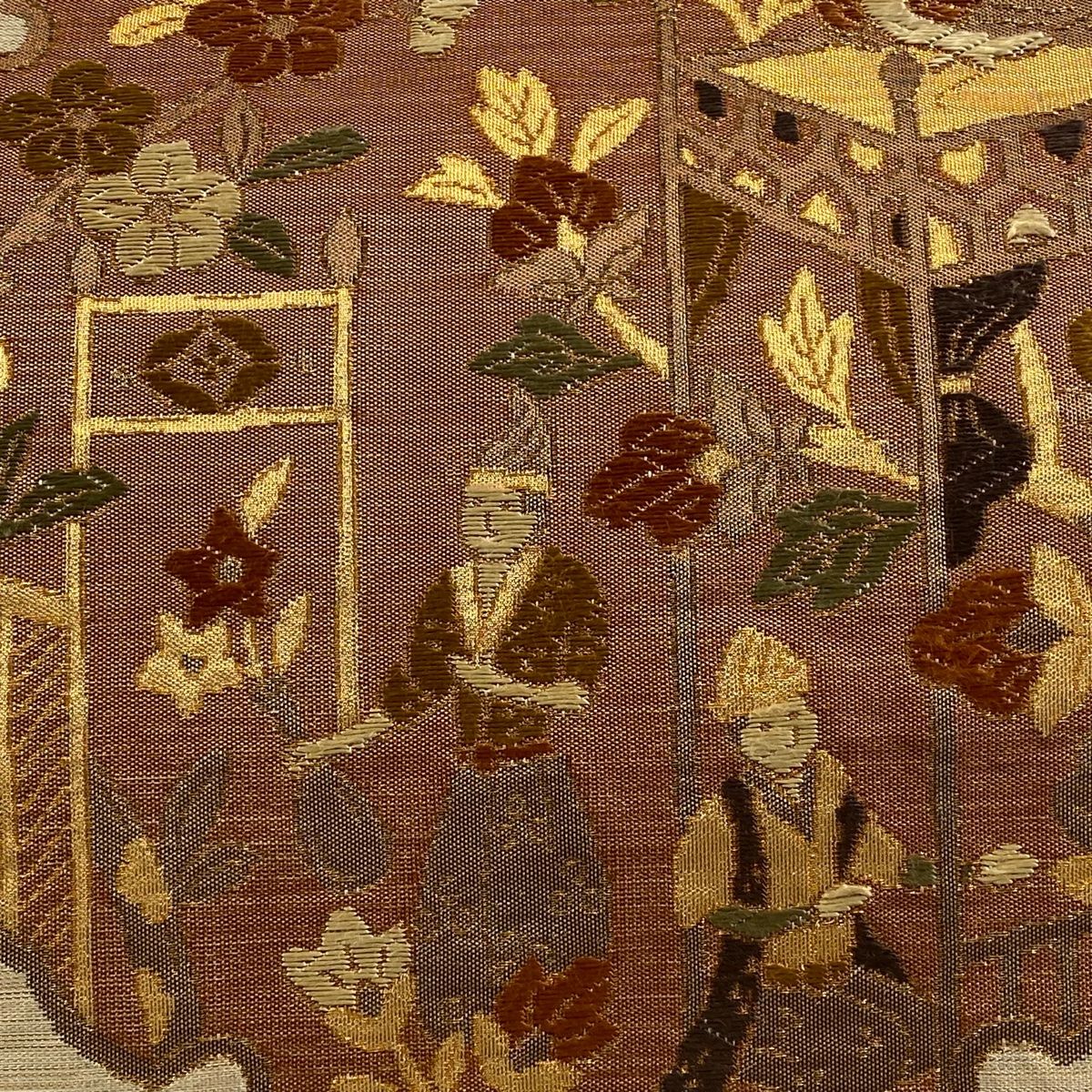 袋帯 秀品 人物 花鳥 金糸 刺繍 薄茶色 六通 正絹