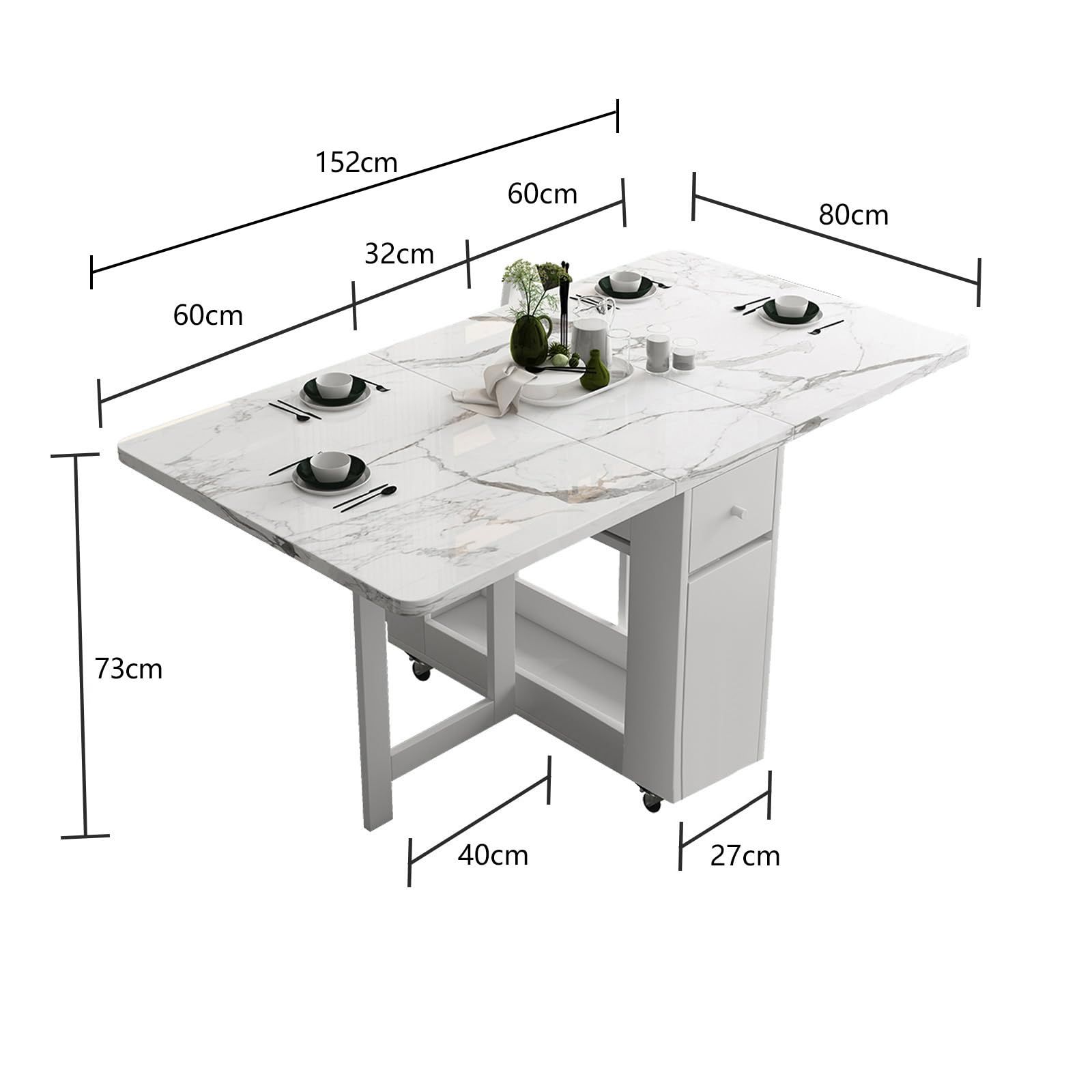 大 折りたたみダイニングテーブル 物置棚と2つの物置引き出し付きの折りたたみダイニングテーブル 移動 で伸縮 なキッチンテーブル 省スペースのテーブルFUNROLUX ホワイト MARWIL-DEMENAGEMENTS_CH