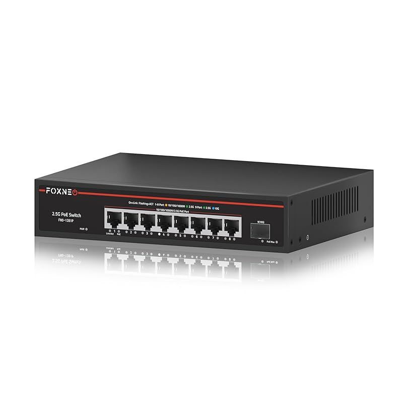 FOXNEO 2.5G PoE スイッチングハブ | 8ポートPoE 最大60W 1ポート10G SFP | IEEE 802.3準拠 | 自動MDI|MDIX対応 | 高速ネットワーク 安定性のための高効率設計 | ファンレス設計 9ポート │ 2.