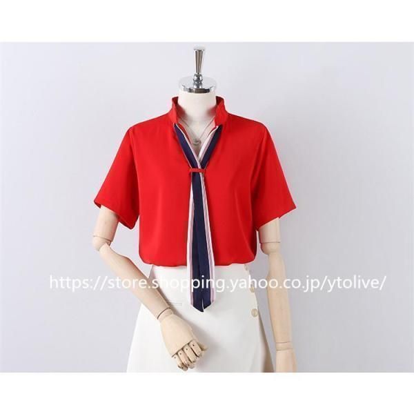 ブラウス シフォン シャツ スキッパー リボン トップス 半袖 レディース 春夏 オフィス 配色ボウタイブラウス ブラウス シフォン シャツ スキッパー リボン トップス 半袖
