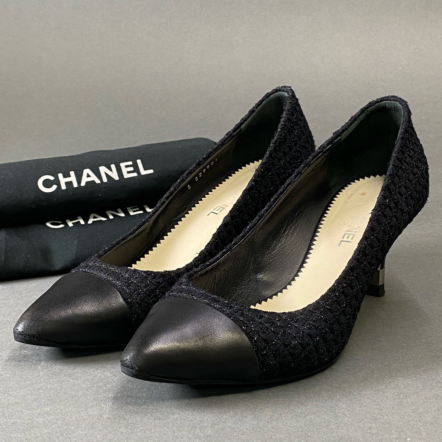 1g9 CHANEL シャネル ココマーク レザーキャップ ツイードパンプス 36