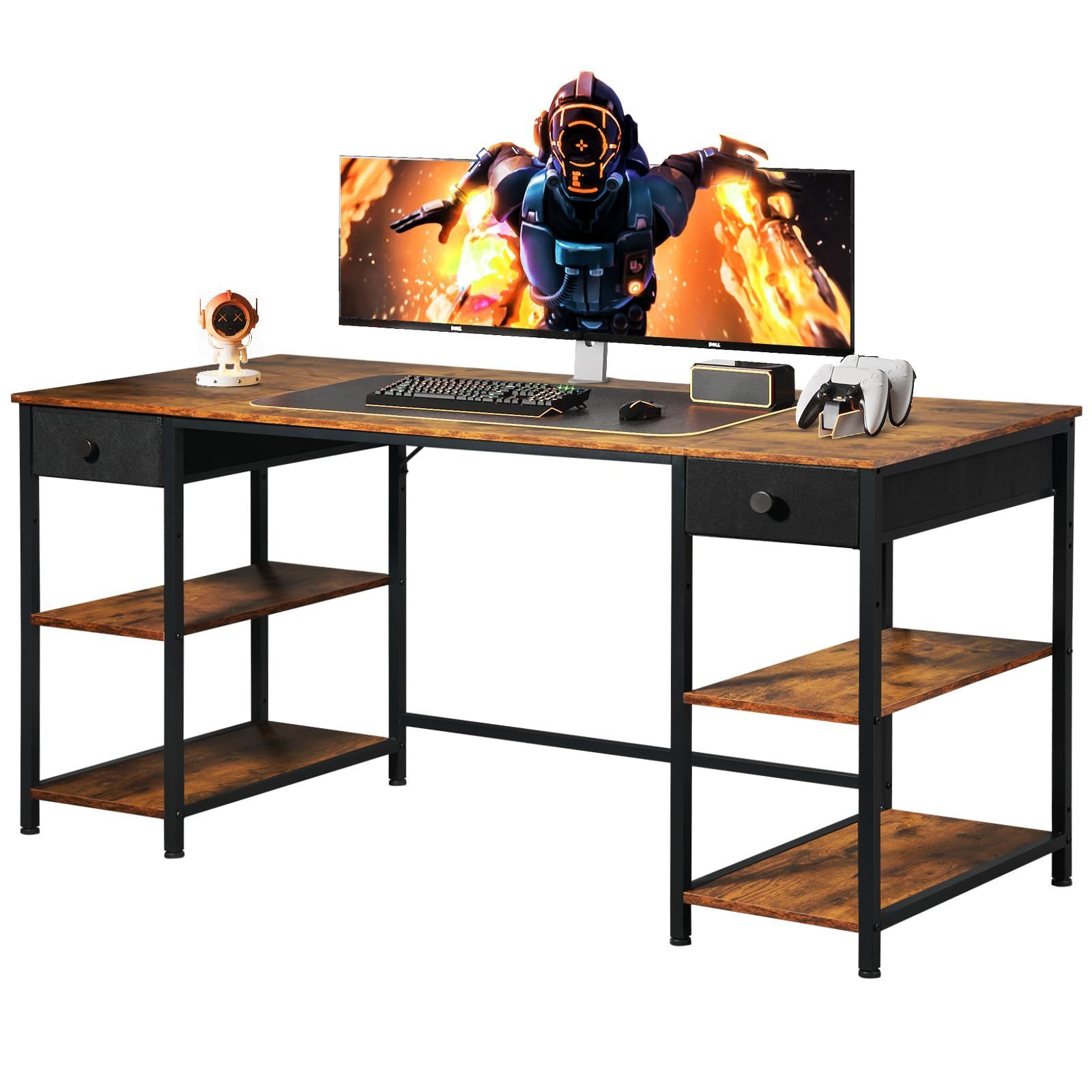 在庫 事務机 子 左右入替可 収納ラック オフィスデスク パソコンデスク desk desk 引き出し付きデスク ラック付きデスク 幅160cm×奥行55cm テレワーク gaming pcデスク 机 ビンテージ デスク ゲーミングデスク YeTom