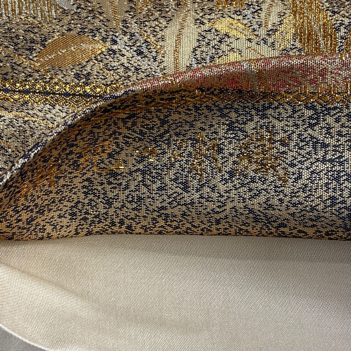 袋帯フルセット(7点)・極美品・ガード加工済・古典柄・深緑色・正絹・トールサイズ 袋帯 美品 秀品 花鳥 菱 金糸 箔 金色 六通 正絹 中古 袋帯 美