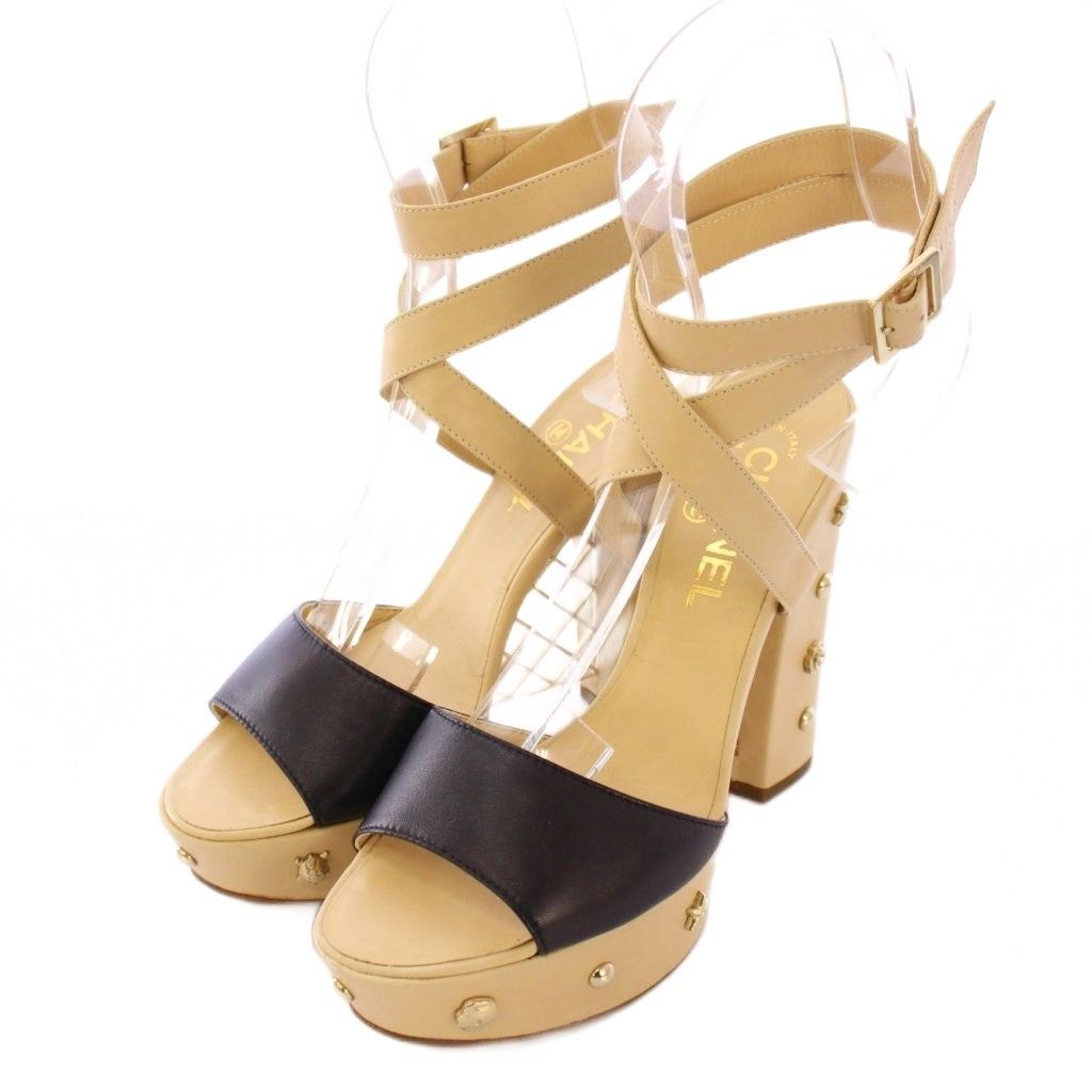 シャネル CHANEL ストラップサンダル ラウンドトゥ プラットフォーム 厚底 レザー ココマーク ロゴ 装飾 36.5 ベージュ 黒 ブラック BB