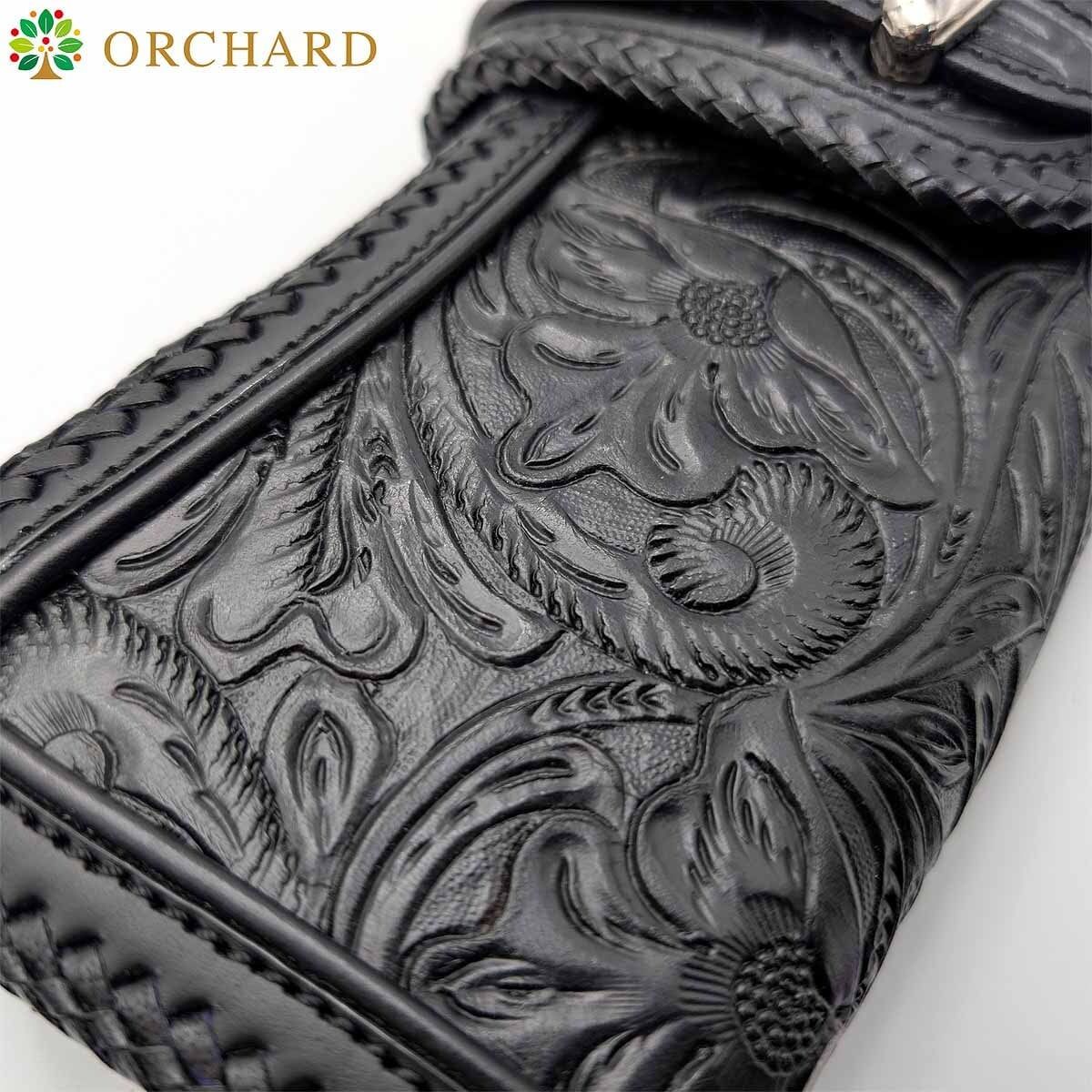 バイカーズウォレット フラワーカービング カウレザー コンチョ 長財布 メンズ レディース ブラック