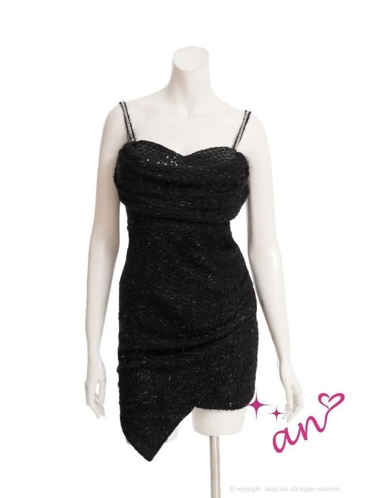 Sブラック OF05 AOC3988-W-2510 an アン シャギー オフショル 2way スパンコール ラインストーン キャミ アシンメトリー タイト ミニドレス キャバドレス