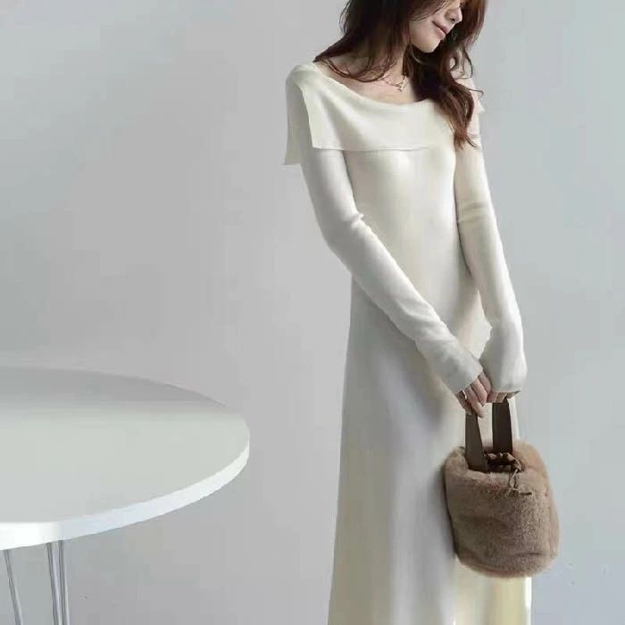 ニットワンピース レディース ロングワンピース 長袖 ニット オフショルダー 長袖ワンピース Aライン ロング丈 エレガント せ 通勤 秋冬 体型カバー お呼ばれ フォーマル シンプル 柔らかい xkmilyx102 DZ20