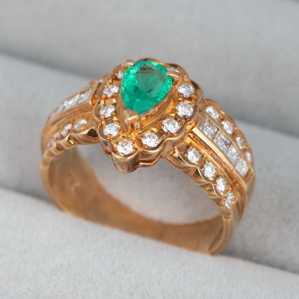 美品 天然エメラルド 0,41ct K18リング 質屋出品》k18☆天然エメラルド0.41ct+ダイアモンドデザイン