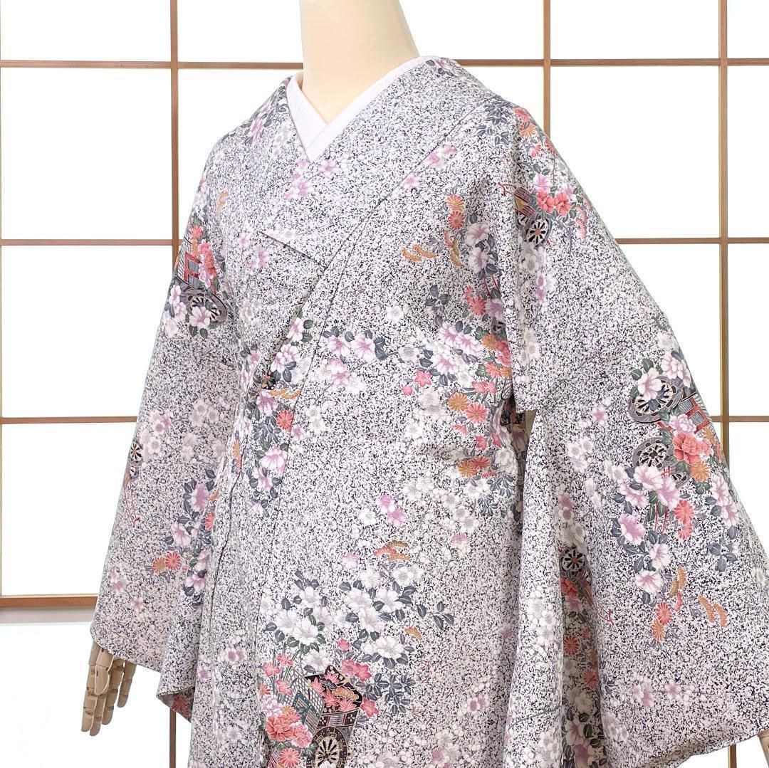 小紋着物 袷 正絹 金彩 御所車 草花 大きいサイズ 着物 kimonolove 新古品 オゾン消臭サービス A-2042