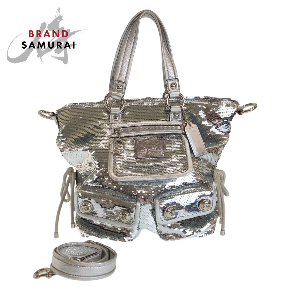 美品 COACH コーチ ポピー スパンコール シルバー パープル シルバー 