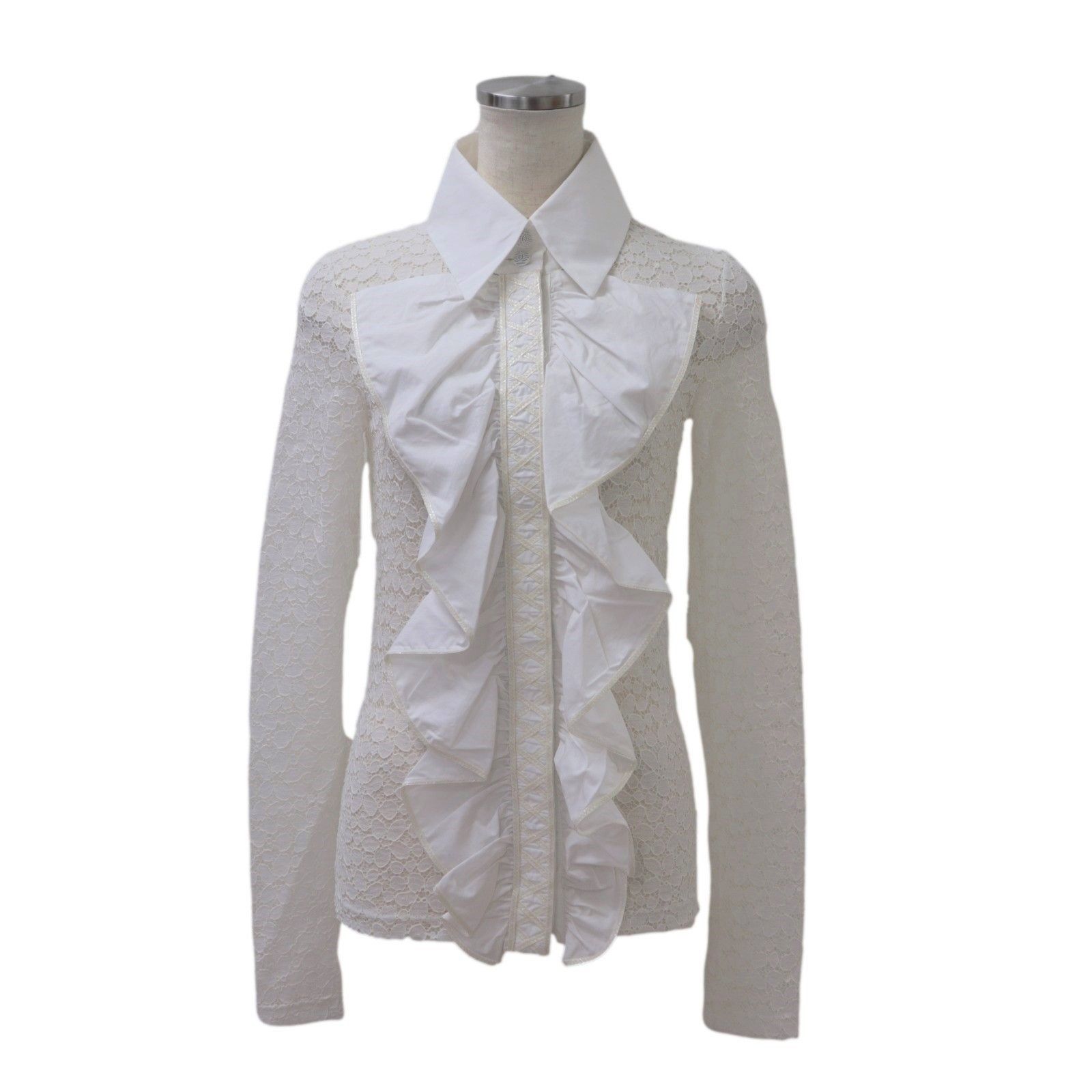 シャネル段フリルブラウス 美品 シャネル P62 総レース フリルブラウス レディース 白 36