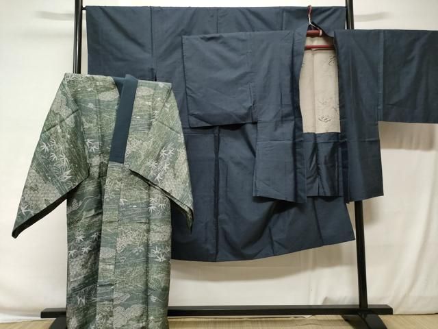 MK-1642 色無地 青磁色 縮緬 平和屋着物□本場縞大島紬 格子 正絹