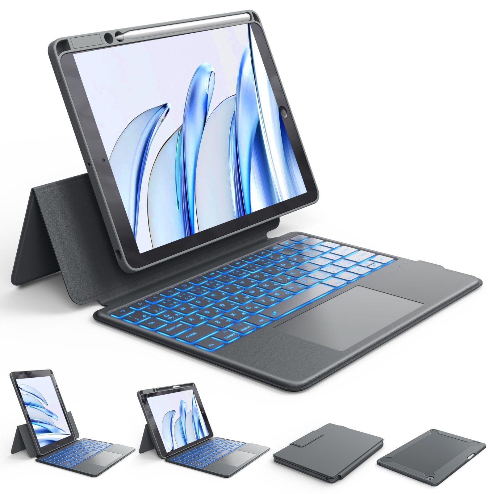CHESONA iPad 9世代 ケース キーボードマグネット着脱式 ipad 9|8|7世代10.2インチ用頑丈キーボードケース 多機能タッチパッド搭載 7色バックライト 15°～180°調整 ブラケット落下防止 耐傷性 type-c充電式 ペンシ