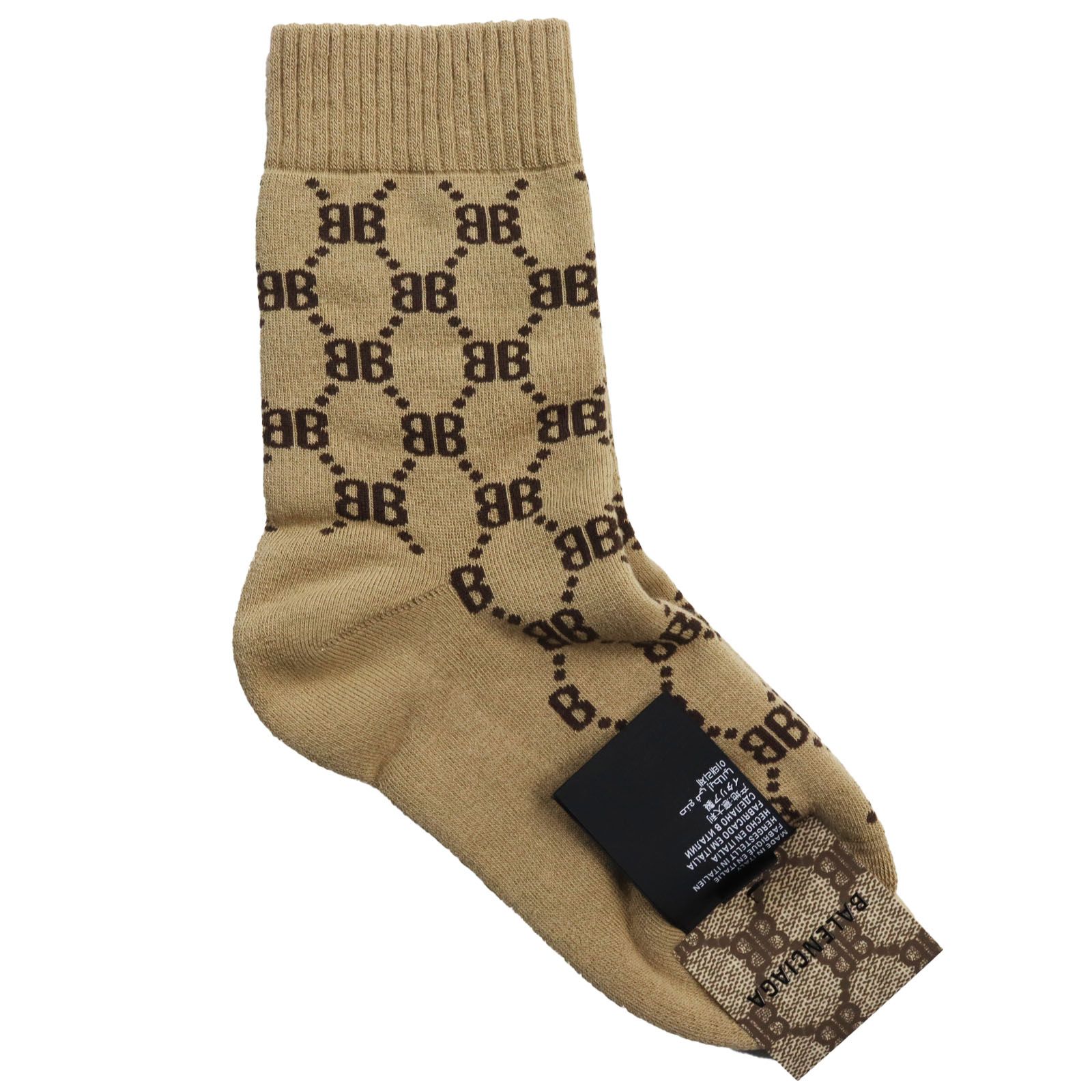 未使用品BALENCIAGA バレンシアガ GUCCI グッチ 2022年製 681520 TENNIS SOCKS BBロゴ 靴下 ソックス ブラウン S(18～20cm) 箱付き イタリア製 正規品 レディース