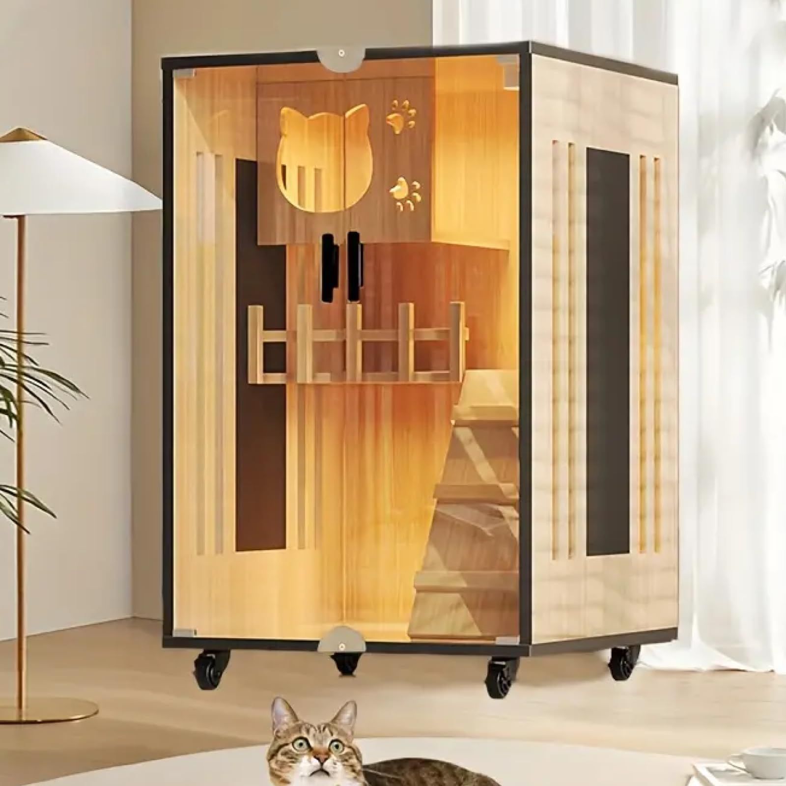 木製キャットケージ2段透明強化ガラス扉付きキャットヴィラ　60×60×H94cm 木製キャットケージ2段透明強化ガラス扉付きキャットヴィラ60×60